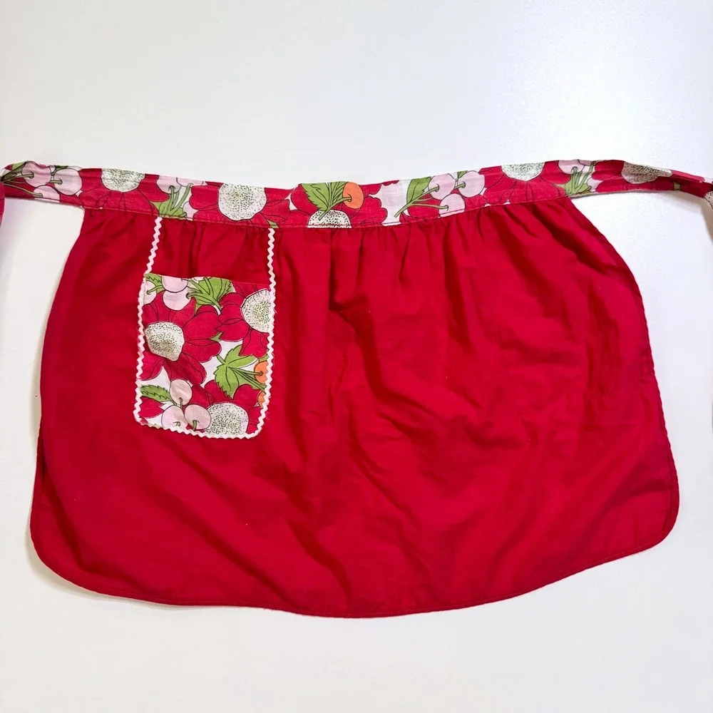 Vintage 50s Half Apron Reversible Red Floral Fruit Rickrack Scallop Retro Kitsch
